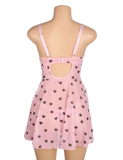 Pink Heart Printed Lace Mesh Babydoll Dress