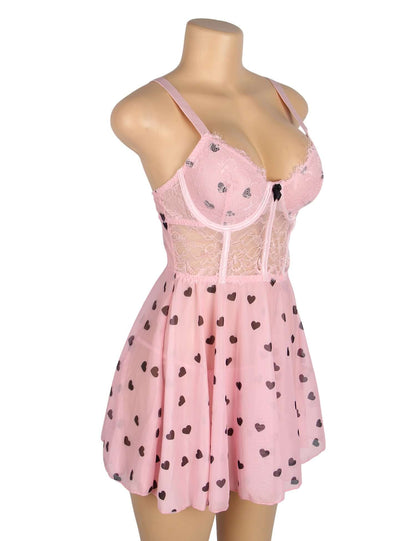 Pink Heart Printed Lace Mesh Push-Up Babydoll Dress