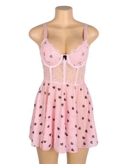 Pink Heart Printed Lace Mesh Push-Up Babydoll Dress