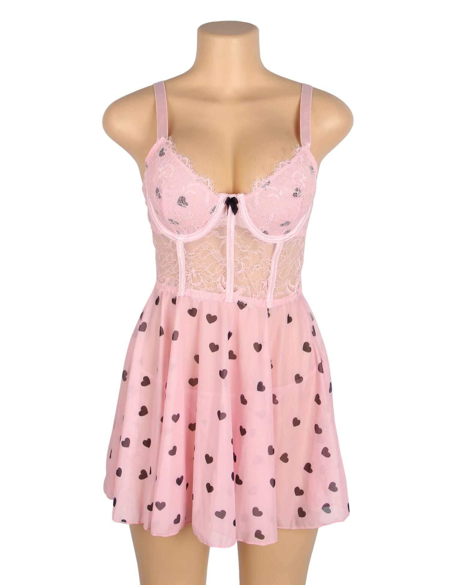 Pink Heart Printed Lace Mesh Babydoll Dress