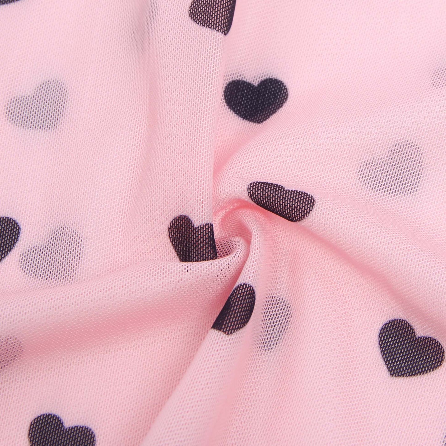 Pink Heart Printed Lace Mesh Push-Up Babydoll Dress