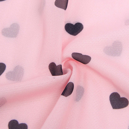 Pink Heart Printed Lace Mesh Push-Up Babydoll Dress