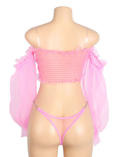 Pink See-Through Long Sleeves Lingerie Set