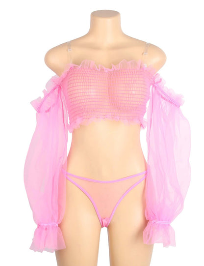 Pink See-Through Long Sleeves Lingerie Set