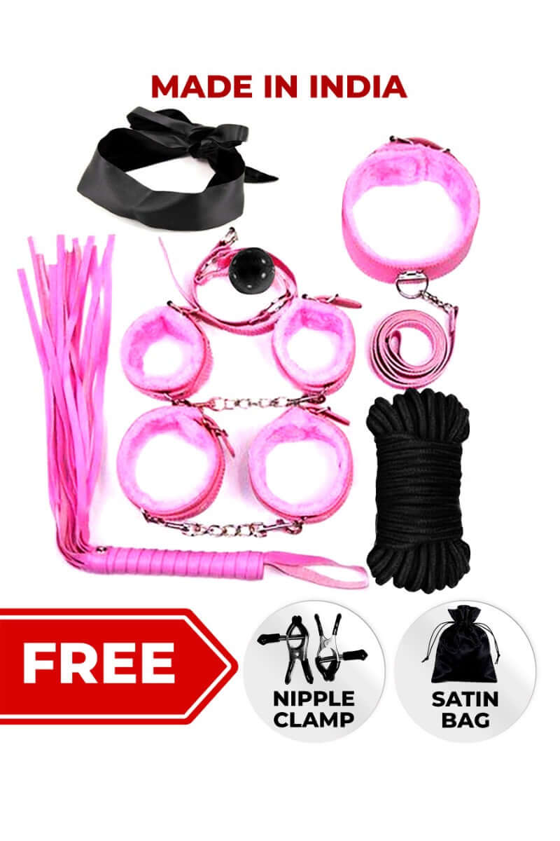 PINK LEATHER BDSM BONDAGE KIT - 8 Pcs