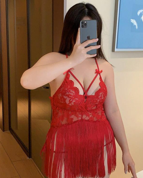 Luxe in Fringe Plus-Size Lace Backless Babydoll Lingerie