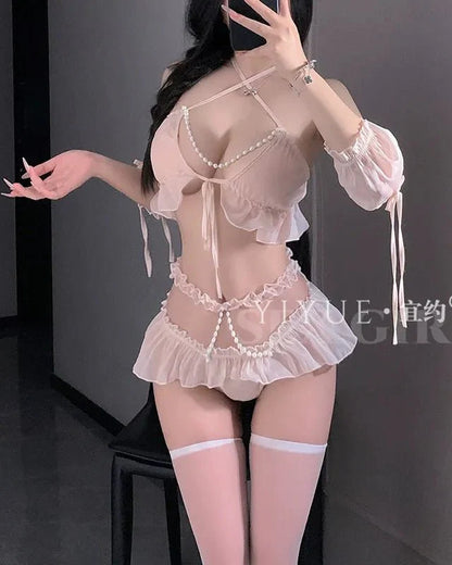 Pretty Privilege Activated Strap Ruffle Mesh Lingerie Set