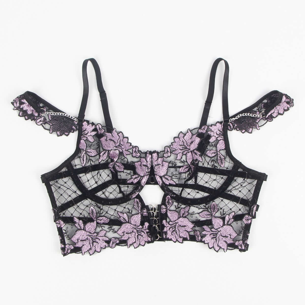 Purple Sexy Embroidered Transparent Bra Set
