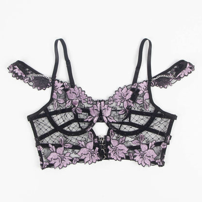 Purple Sexy Embroidered Transparent Bra Set