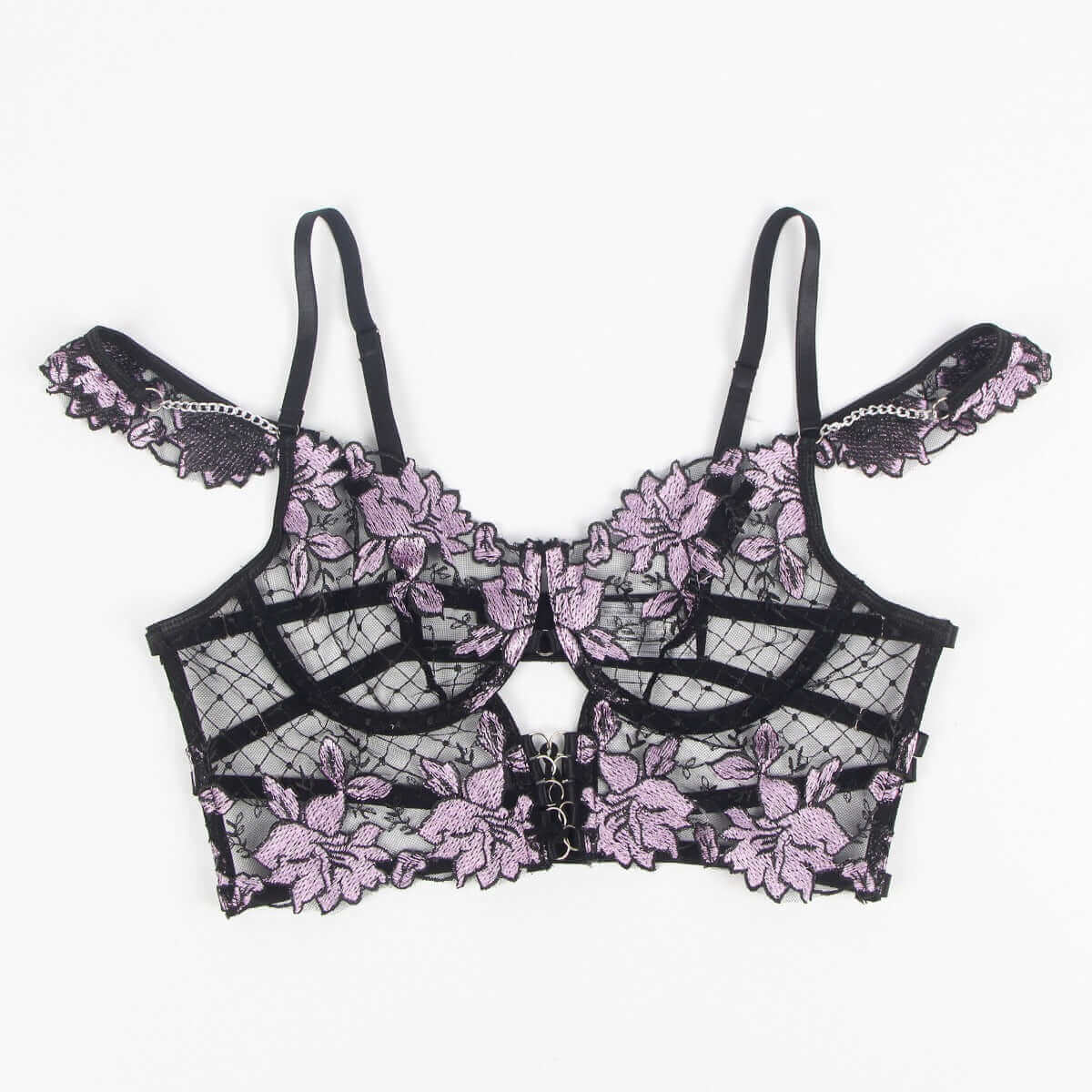 Purple Embroidered Transparent Lingerie  Set