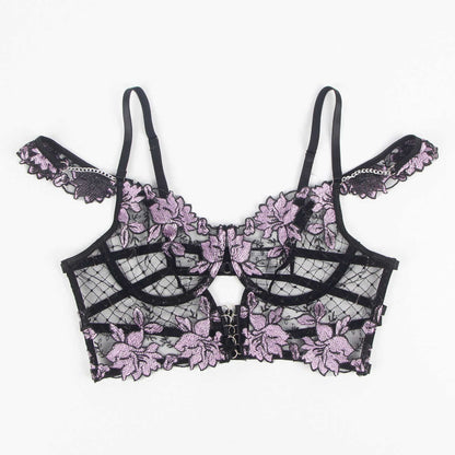 Purple Embroidered Transparent Lingerie  Set
