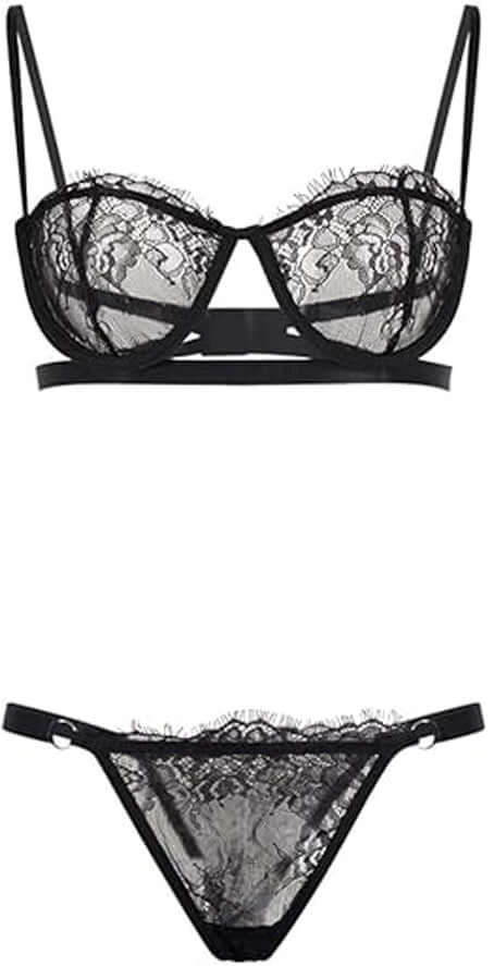 Sheer Mesh Lace Lingerie Set – Black