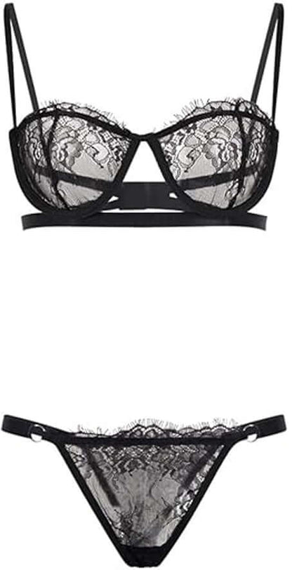 Sheer Mesh Lace Lingerie Set – Black