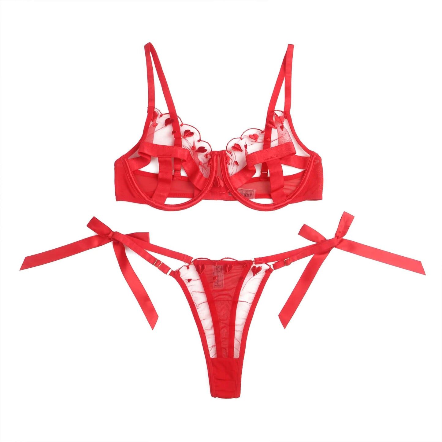 Red Embroidered Heart Mesh Lingerie Set