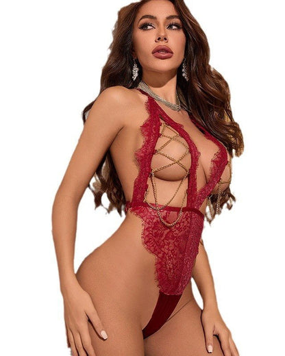 Red Flag Energy Lace & Chain Halter Teddy Lingerie