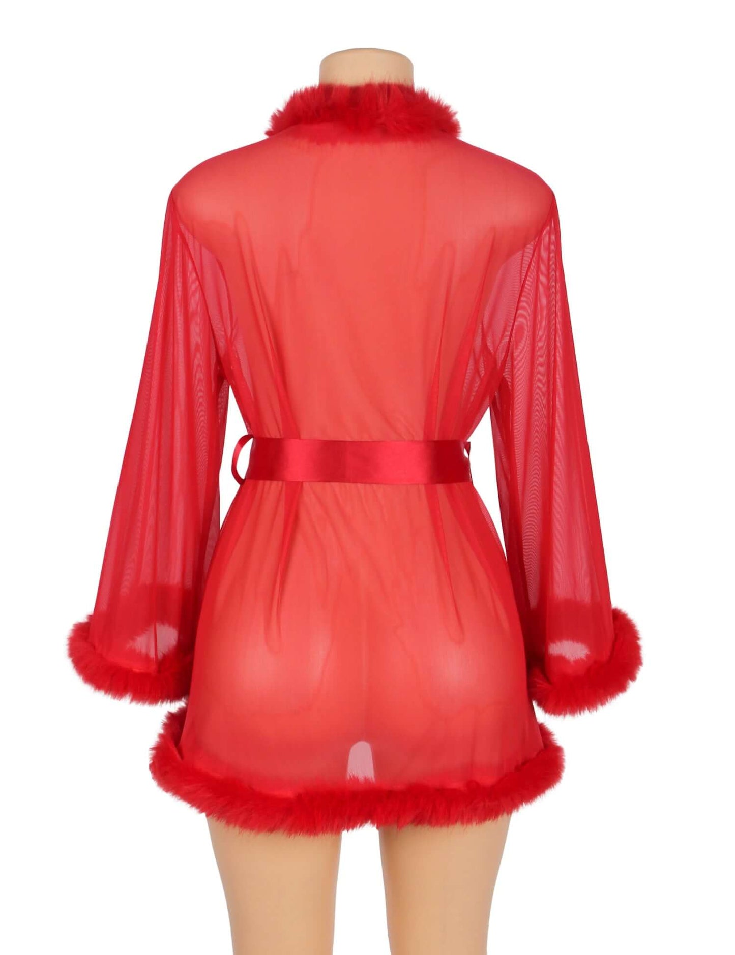 Stylish Red Mesh Robe with Soft Fur and Adjustable Belt