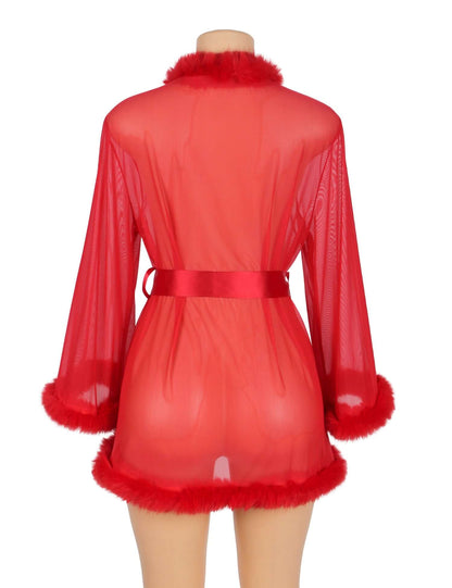 Stylish Red Mesh Robe with Soft Fur and Adjustable Belt
