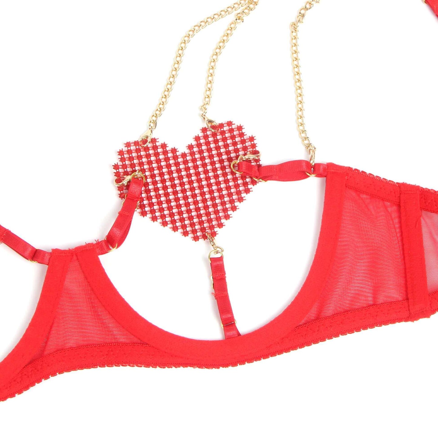 Red Mesh Teddy Set with Heart Chain Design