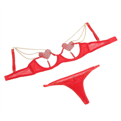 Red Mesh Teddy Set with Heart Chain Design