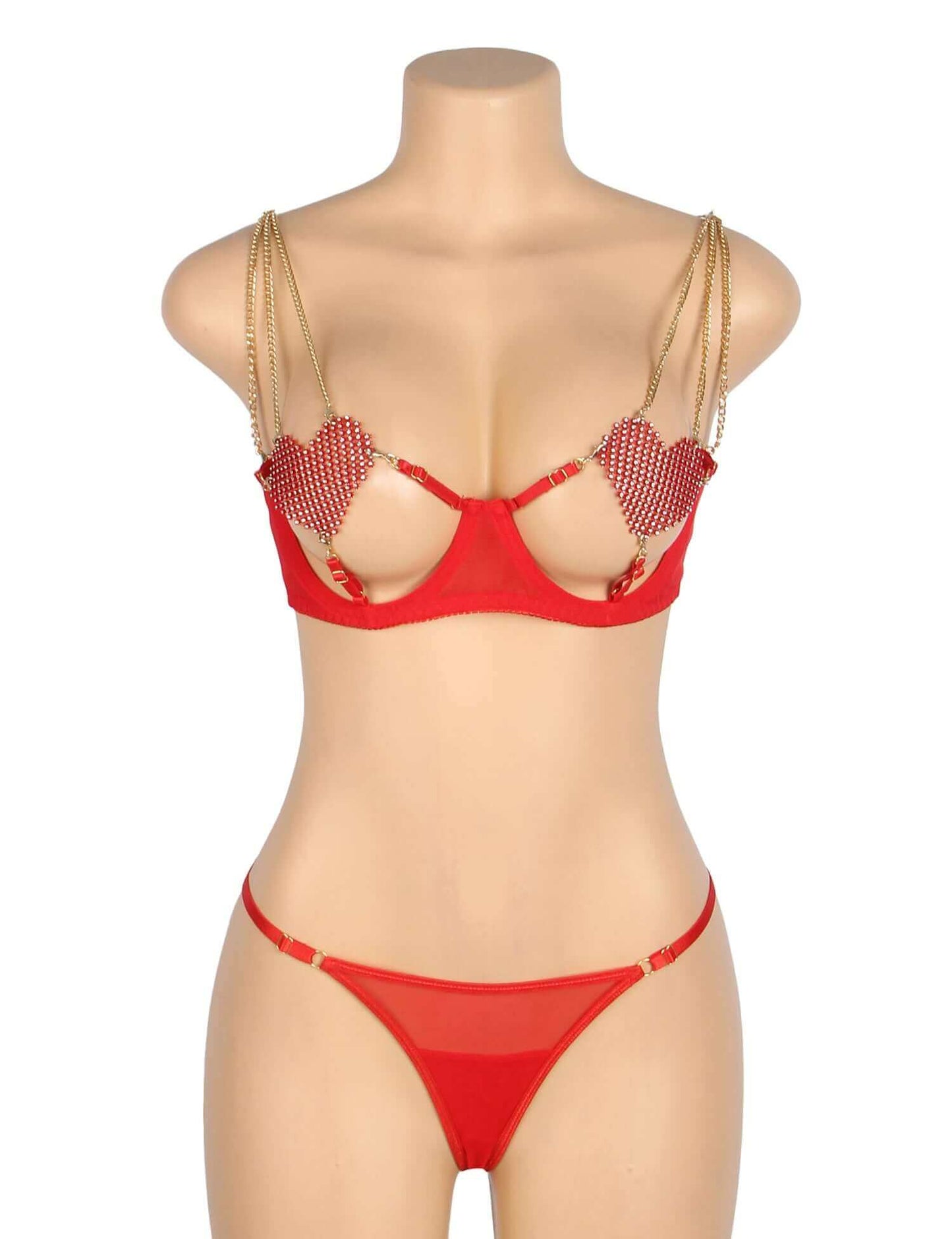 Red Mesh Teddy Set with Heart Chain Design