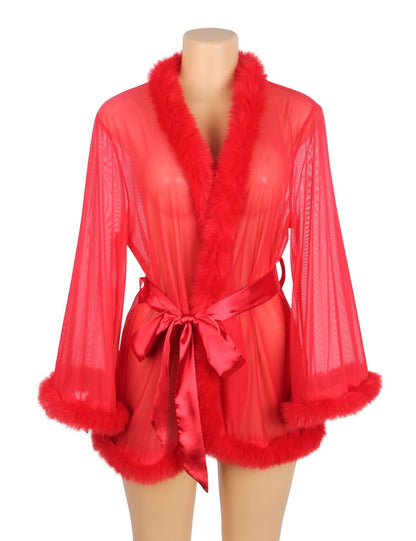 Stylish Red Mesh Robe with Soft Fur and Adjustable Belt