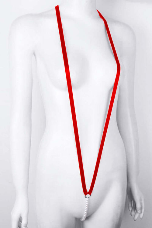 Micro Pearl Beads String Panty Sling Shots Teddy Lingerie Set Red
