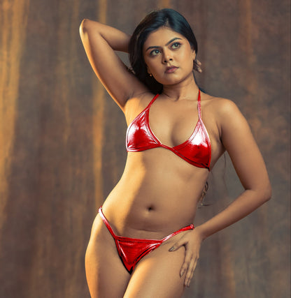 Stunningly Hot Shiny Red Faux Leather Bra Set