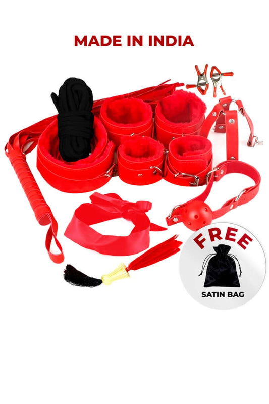 11 Pc Red Leather BDSM Kit for Bondage play