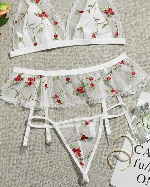 Blooming Enchantress Three Piece Lace Lingerie Set