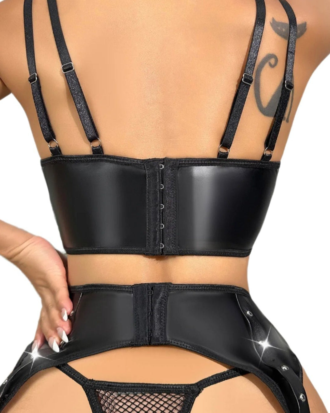 Risk Taker Strapped Mesh & Faux Leather Lingerie Set
