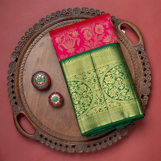 Pink Banarasi Silk Saree with Dual Green Blouse Pieces (Jacquard & Embroidered)
