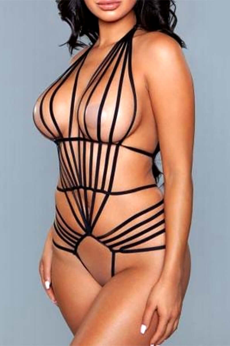 Black Bondage Teddy Lingerie with Crotchless
