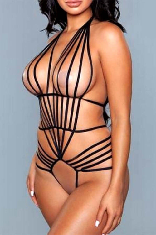 Black Bondage Teddy Lingerie with Crotchless