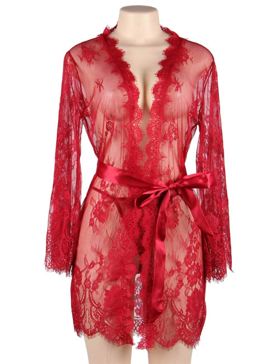 Red Glam Robe Full Of Lace Boudoir Set