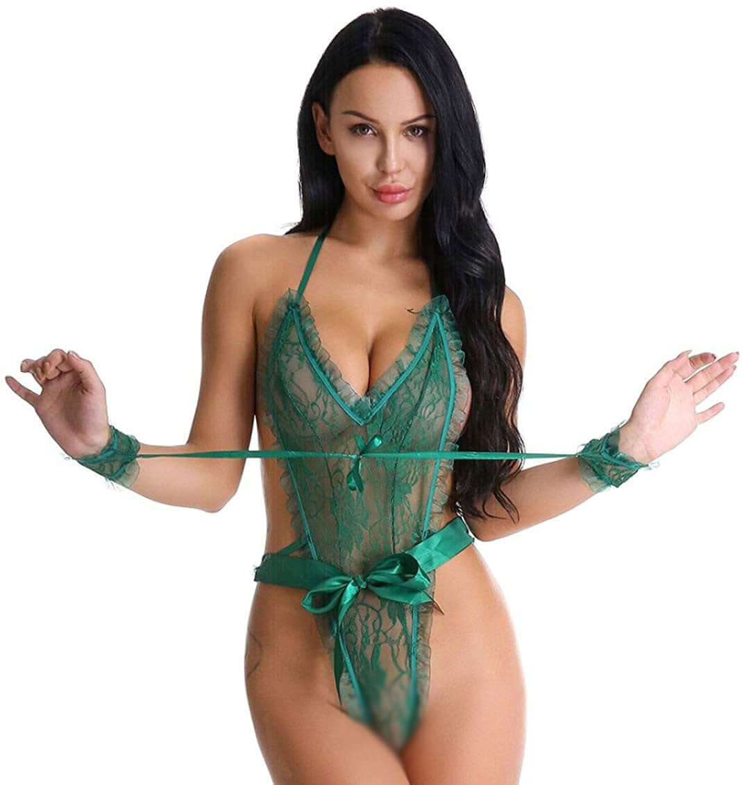 Green Lace Ruffle Teddy with Wrist Restraints - Transparent Lingerie for Women