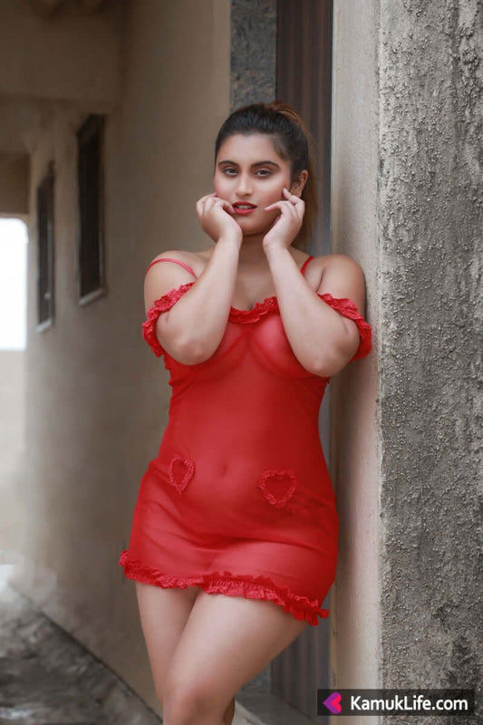 Sexy Red Sheer Eyelash Trim Transparent Babydoll Lingerie Set