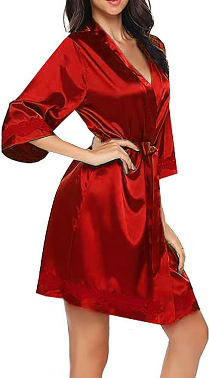 Long Sleeved Silk Red Satin Robe