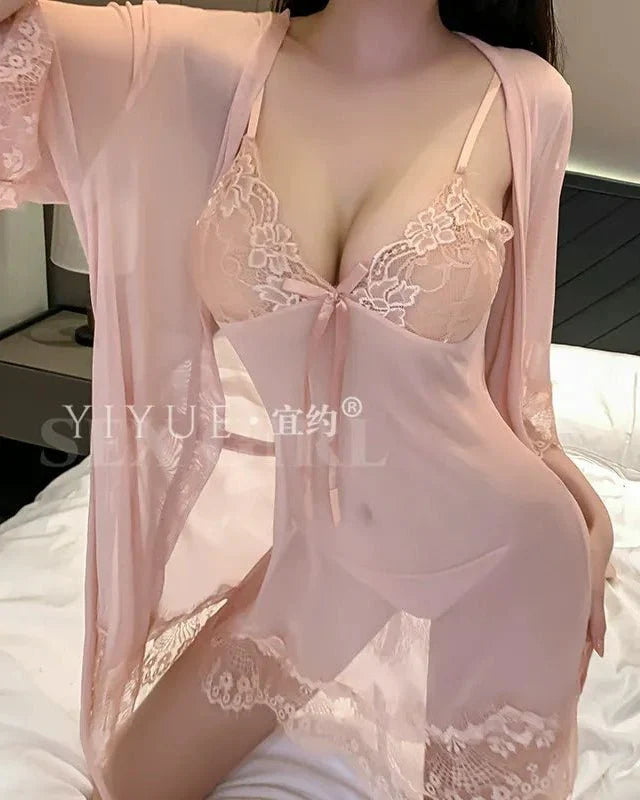 Slow Burn Energy Sheer Lace Robe Babydoll Lingerie Set