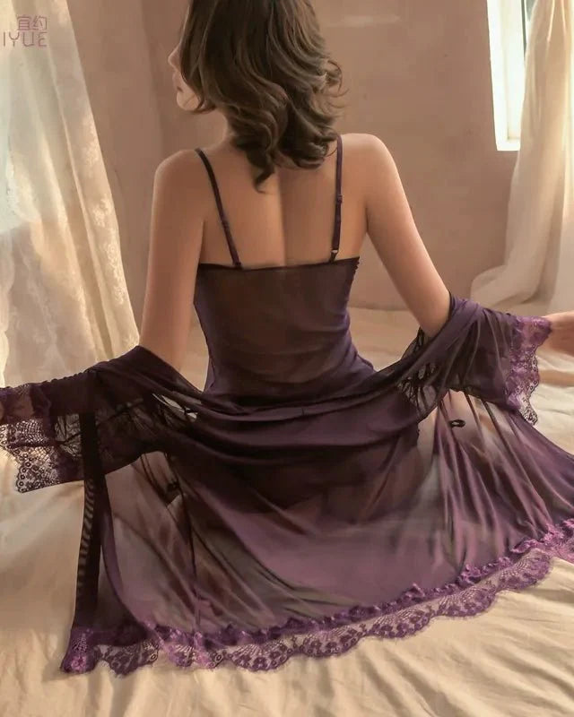 Slow Burn Energy Sheer Lace Robe Babydoll Lingerie Set