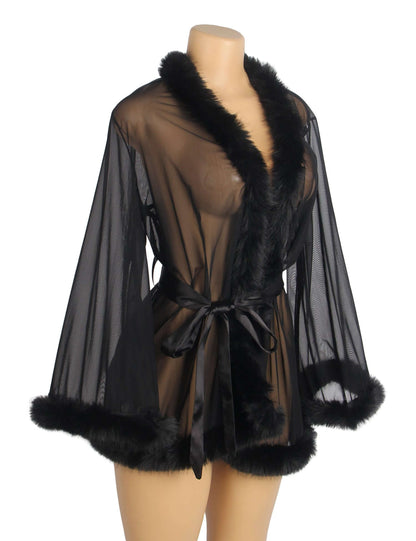 Stylish Black Mesh Robe with Soft Fur and Adjustable Belt