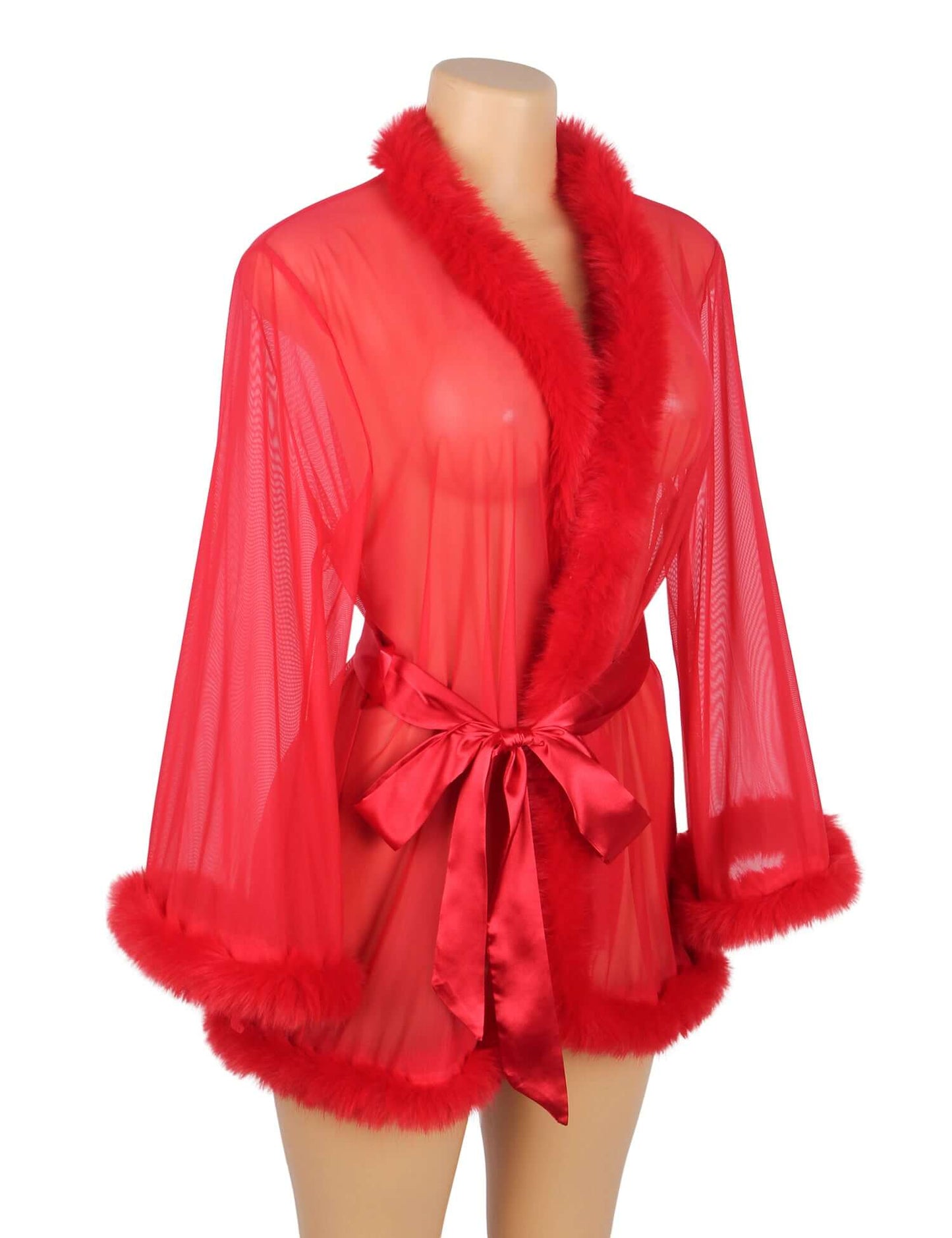 Stylish Red Mesh Robe with Soft Fur and Adjustable Belt