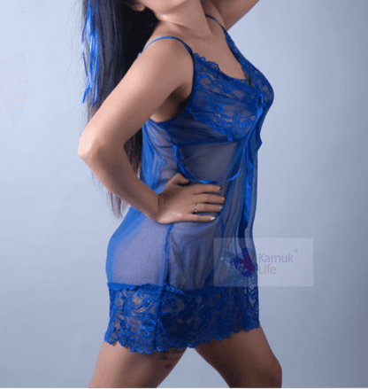 Transparent Blue Lace Babydoll with Satin Bow