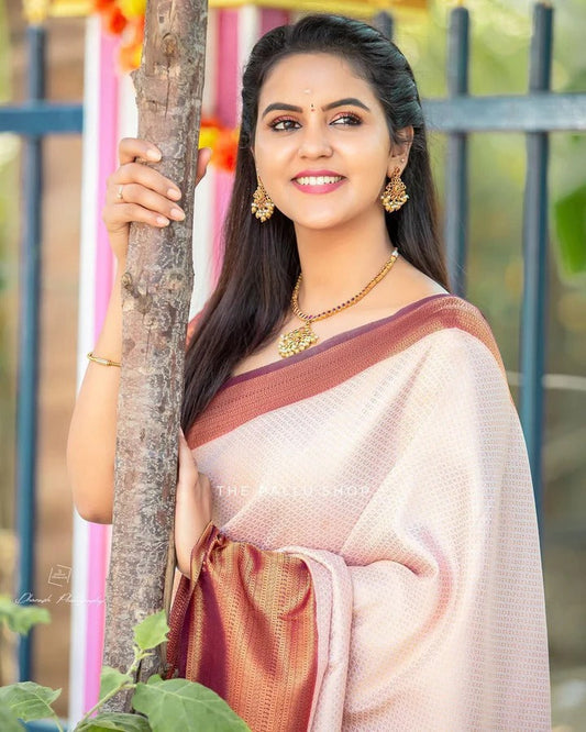 Beige Blossom Kanjivaram Silk Drape with Unique Blouse Piece