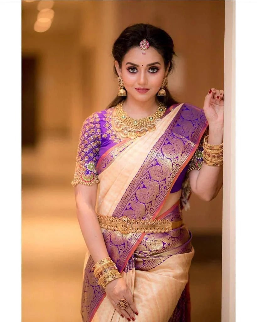 Peach Soft Silk Saree with Jacquard Purple Blouse