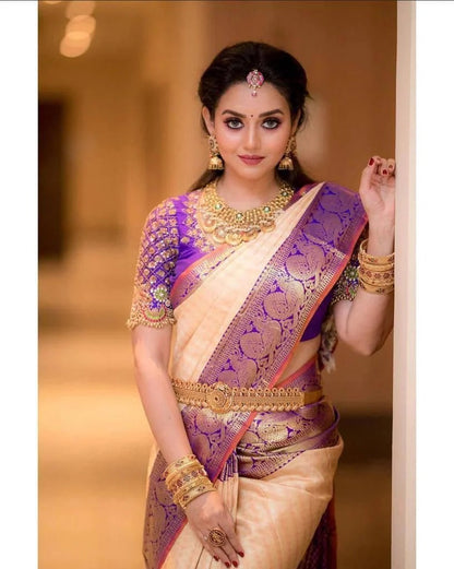 Peach Soft Silk Saree with Jacquard Purple Blouse