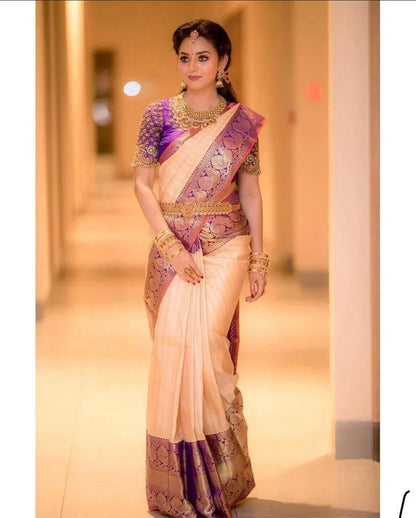 Peach Soft Silk Saree with Jacquard Purple Blouse