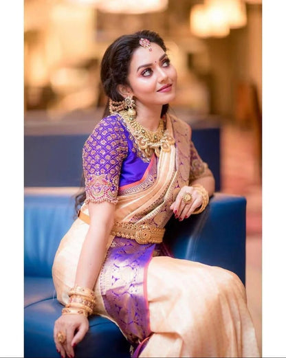 Peach Soft Silk Saree with Jacquard Purple Blouse