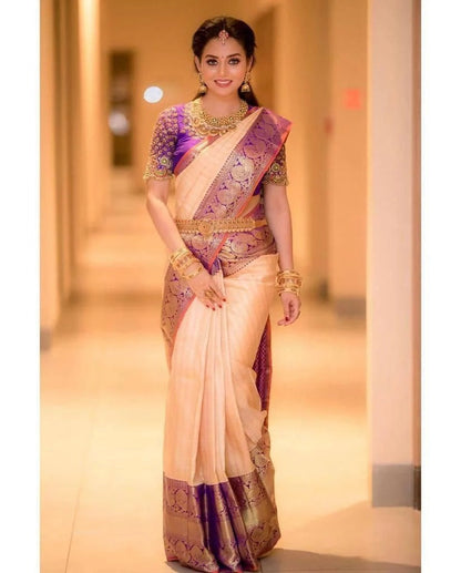 Peach Soft Silk Saree with Jacquard Purple Blouse