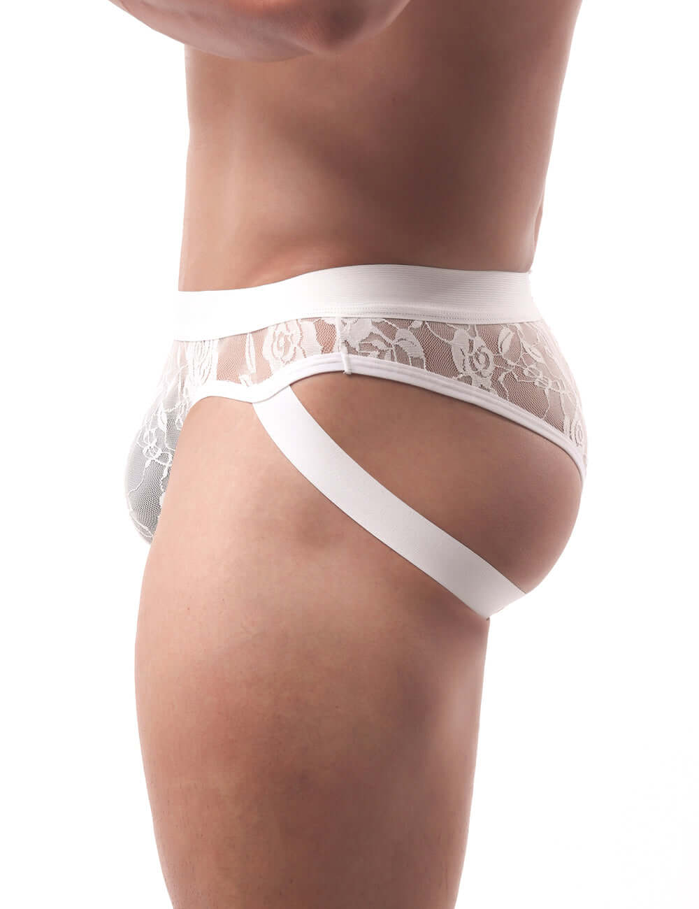 Men’s White Lace Jockstrap with Elastic Waistband