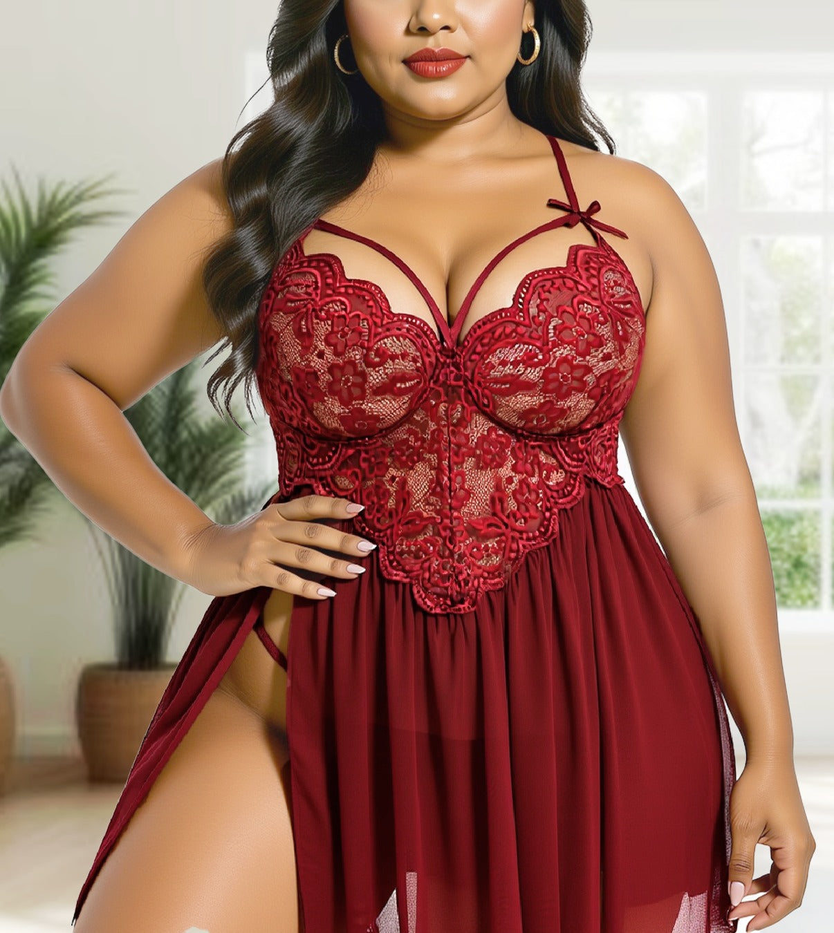 Elegant Wine-Red Mesh Babydoll Dress with Side Slit